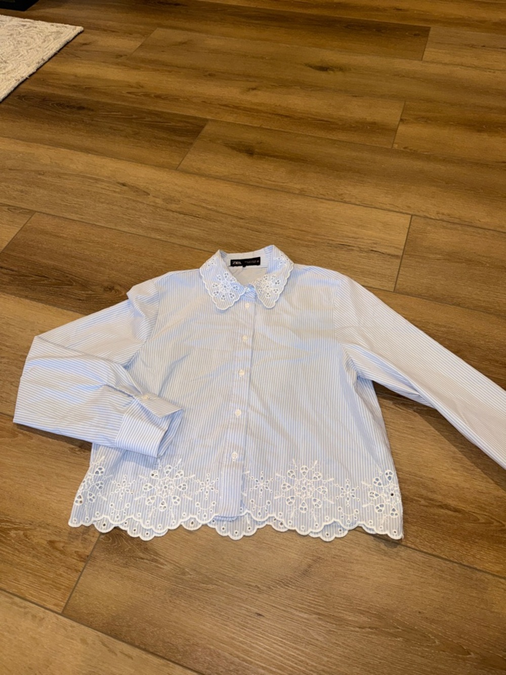 Zara Light Blue & White Striped Button-Down Shirt with Lace Trim detailing